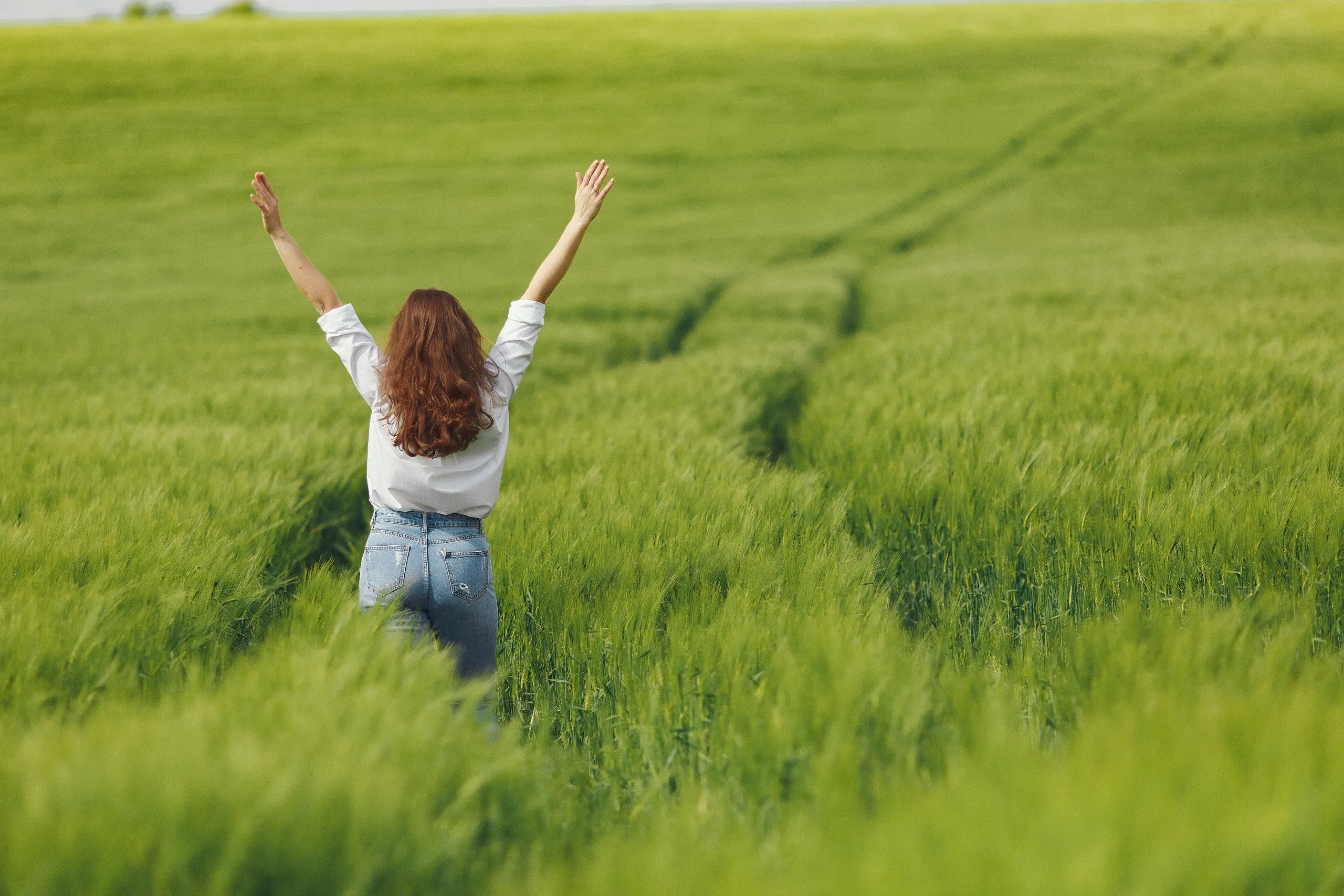 woman blue shirt summer field